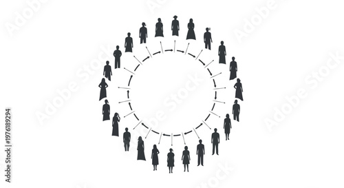 Circular network of interconnected historical figures standing in a ring. Vector