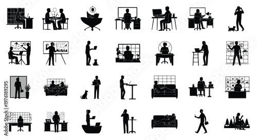 Diverse scenes of modern office and remote work environments with various activities Vector