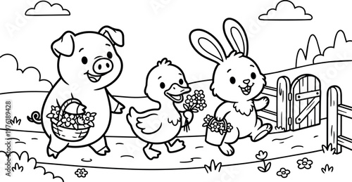 Black and white line art pig duck and rabbit with flowers walking on farm path