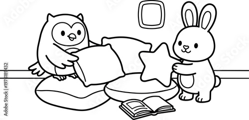 Black and white line art owl and bunny holding pillows near open book