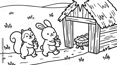 Black and white line art bunny and squirrel carrying candles to nativity stable with baby jesus