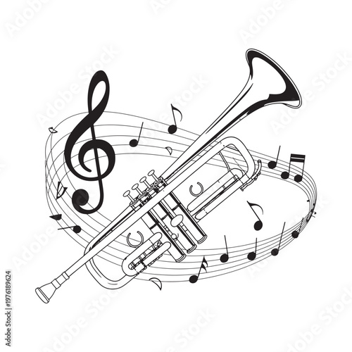 A black and white illustration of a trumpet with musical notes