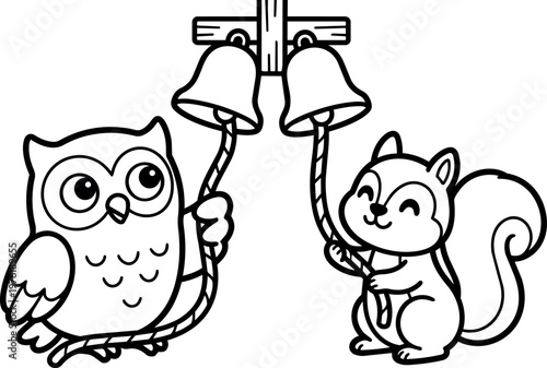 Black and white owl and squirrel ringing bells vector art illustration