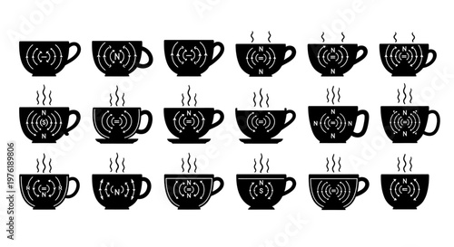 Abstract physics magnetic field concept on coffee cups illustration set featuring scientific wave patterns and force lines for education and science design
