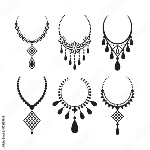 Elegant black and white necklace designs featuring various pendants and details