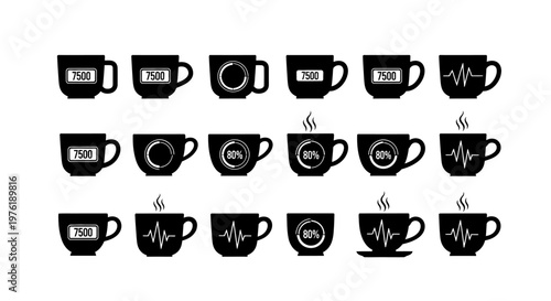 Battery level and energy icons on coffee cups and mugs vector set charge status performance metrics pulse and waveform symbols