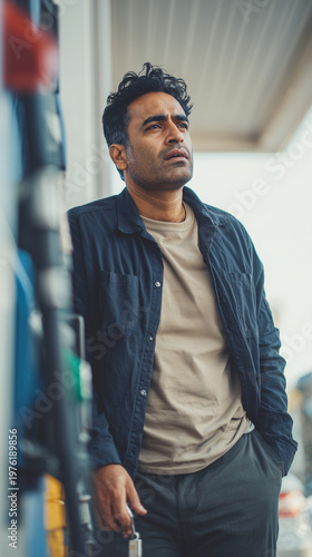 Man in a blue jacket looking upward, conveying concern, waiting, uncertainty, and pressure around everyday transport expenses.
