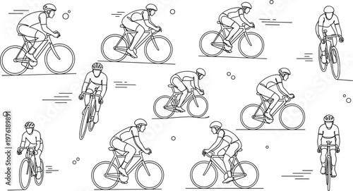 Cyclist Riding Bicycle Line Art Set with Various Road Cycling Poses, Speed Motion and Outdoor Fitness Training Vector Illustration Collection