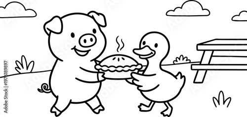 Black and white line art pig and duck holding steaming pie outdoors
