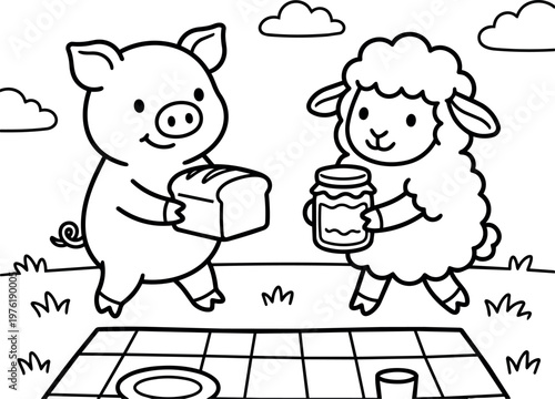 Black and white line art pig holding bread and sheep holding jar on picnic