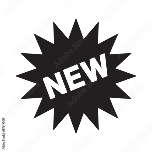 A black starburst shaped label with the word new in white letters