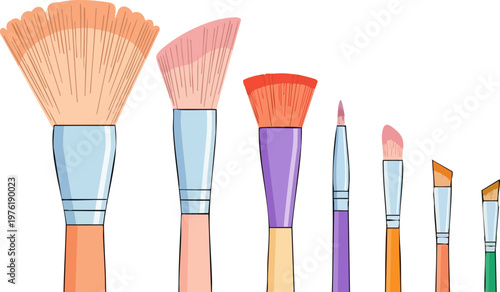 Professional makeup brush set vector illustration, cosmetic beauty tools for face and eye application, colorful makeup brushes collection on white