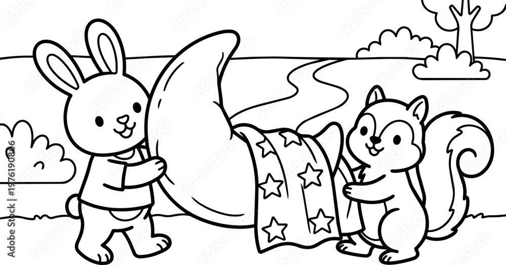 Obraz premium Black and white line art bunny and squirrel holding crescent moon with stars in park