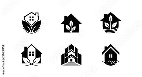 Set of six black and white house and nature logos, representing eco-friendly homes, real estate, and sustainable living concepts.