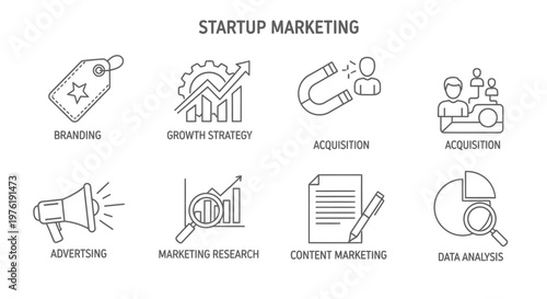 Line icons illustrating various aspects of startup marketing, including branding, growth strategy, acquisition, advertising, marketing research, content marketing, and data analysis.