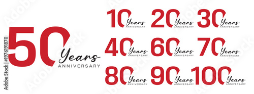 Set of Red Years Anniversary Icons from 10 to 100