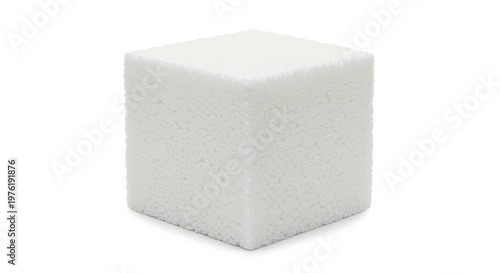 Cube of high density white foam with porous texture soft material isolated on seamless white background