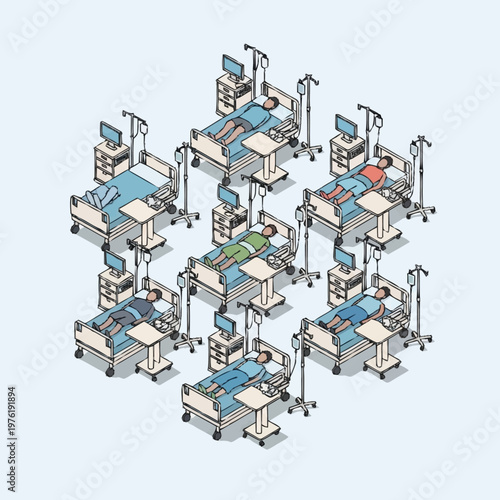 Hospital beds arranged in a circular pattern with patients receiving care.