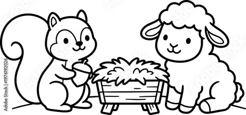 Cute squirrel holding acorn next to fluffy lamb and hay manger vector art