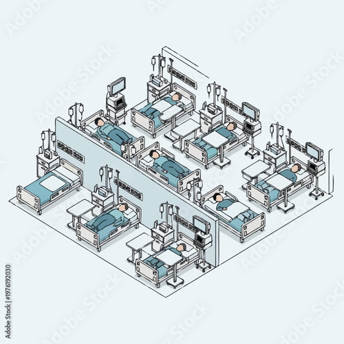 Intensive Care Unit Hospital Beds with Medical Equipment Illustration.