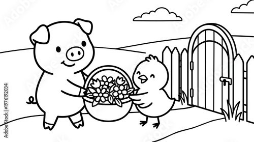Pig and chick holding flower basket in garden with fence line art