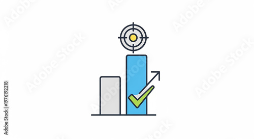 Bar chart with target symbol, upward arrow, and green checkmark for business goal tracking