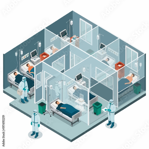 Isometric Hospital Ward with Medical Staff and Patients.