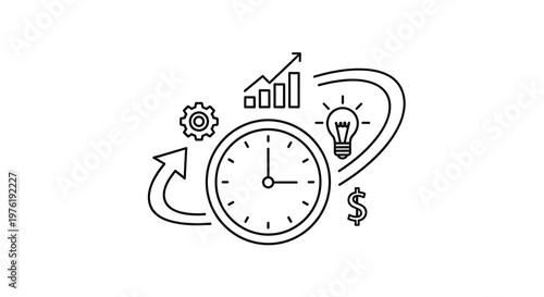 Black and white line of a clock with gear, bar chart, light bulb, and dollar sign symbol