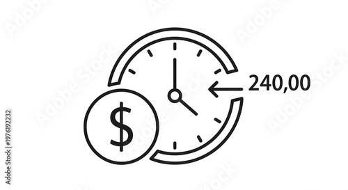 Black and white line of a clock with a dollar sign and the number 240, 00 on a white background