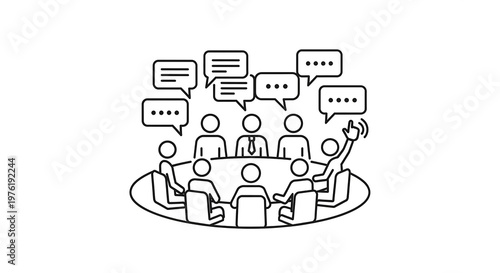 Black and white line of a group of people sitting around a round meeting table discussion