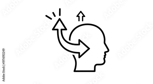 Black and white line of a human head profile with a curved arrow pointing inward