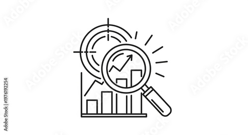 Black and white line of a magnifying glass over a bar chart and target symbol line magnifying glass