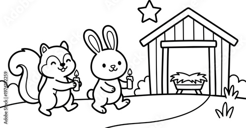 Black and white line art squirrel and rabbit holding candles walking to stable with star