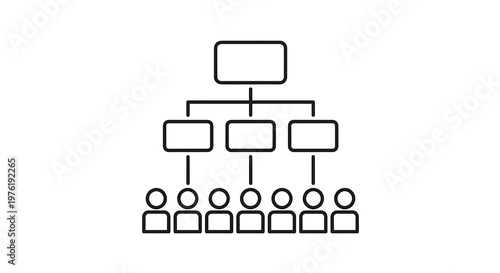 Black and white organizational chart with a box, three middle boxes, and seven people