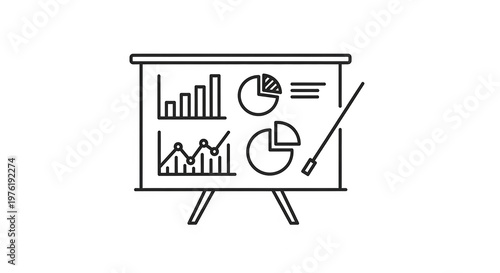 Black and white line of a presentation board with bar charts, pie charts, and a pointer