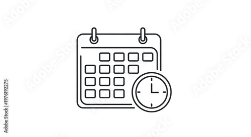Black and white line of a wall calendar with an overlaid circular clock face symbol