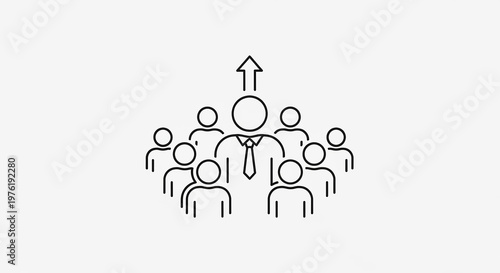 Black line of a leader figure with a tie, standing in front of a group of people with an arrow