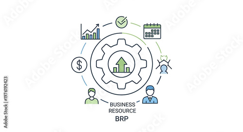 Business resource planning infographic with central gear and surrounding