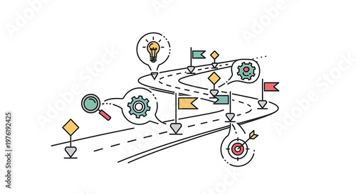 Business roadmap with for strategy, goals, gears, and lightbulb planning path
