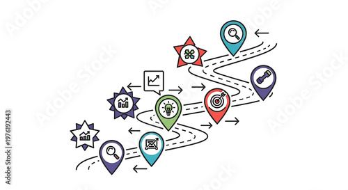 Business strategy roadmap infographic with colorful map pins, and winding path lines