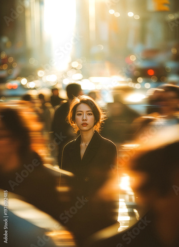 Asian businesswoman standing still in a blurred fast moving crowd on a busy city street during golden hour.
