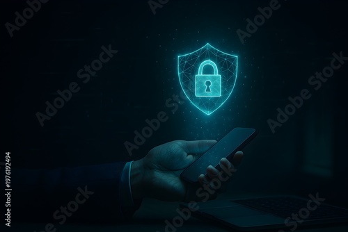 Digital Security Concept with Shield and Lock, Cyber Protection and Network Data Encryption Technology