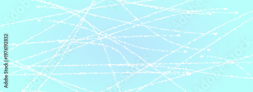 Scratched ice surface texture. Blue ice background with skate traces, cracks, scratches. Rough winter sport rink backdrop. Frozen lake or pond water wallpaper with dots, spot and lines. 