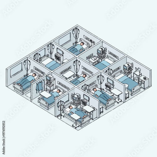 Isometric View of a Hospital Ward with Patient Rooms.
