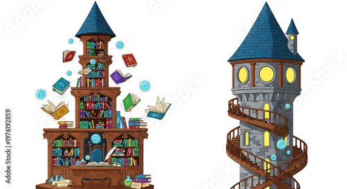 A whimsical vector illustration of a magical library tower with books and a spiral staircase