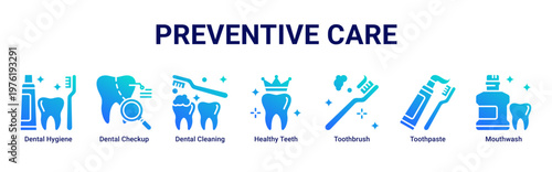 Preventive Care web banner icon vector illustration with icons of Dental Hygiene,Dental Checkup,Dental Cleaning,Healthy Teeth,Toothbrush,Toothpaste and Mouthwash