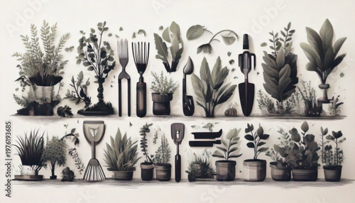 Collection of Potted Plants and Gardening Tools.