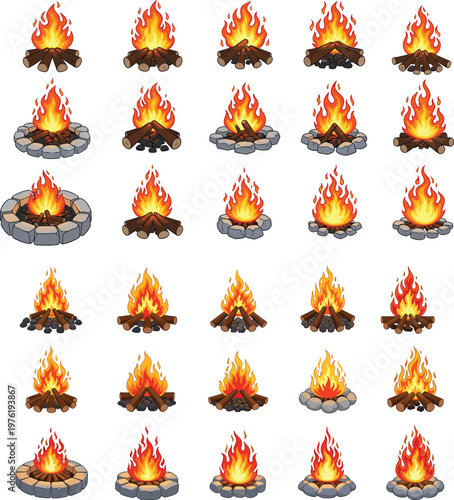 Collection of twenty five campfire icons with logs stones flames variations fire animation outdoor bonfire illustration design artwork set