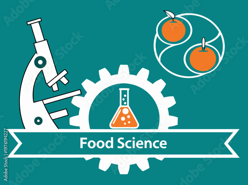 Food science vector illustration microscope gear beaker and oranges lab concept