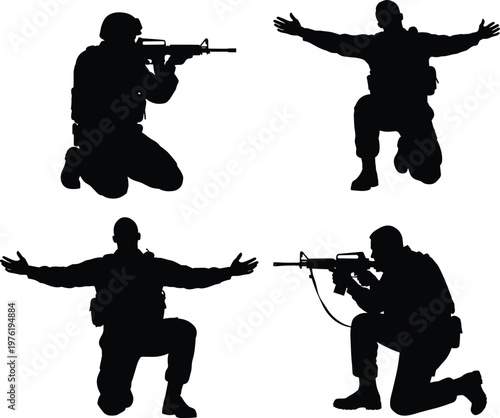 Silhouettes of armed soldiers kneeling with rifles and surrender gestures tactical military combat readiness defense illustration design artwork concept